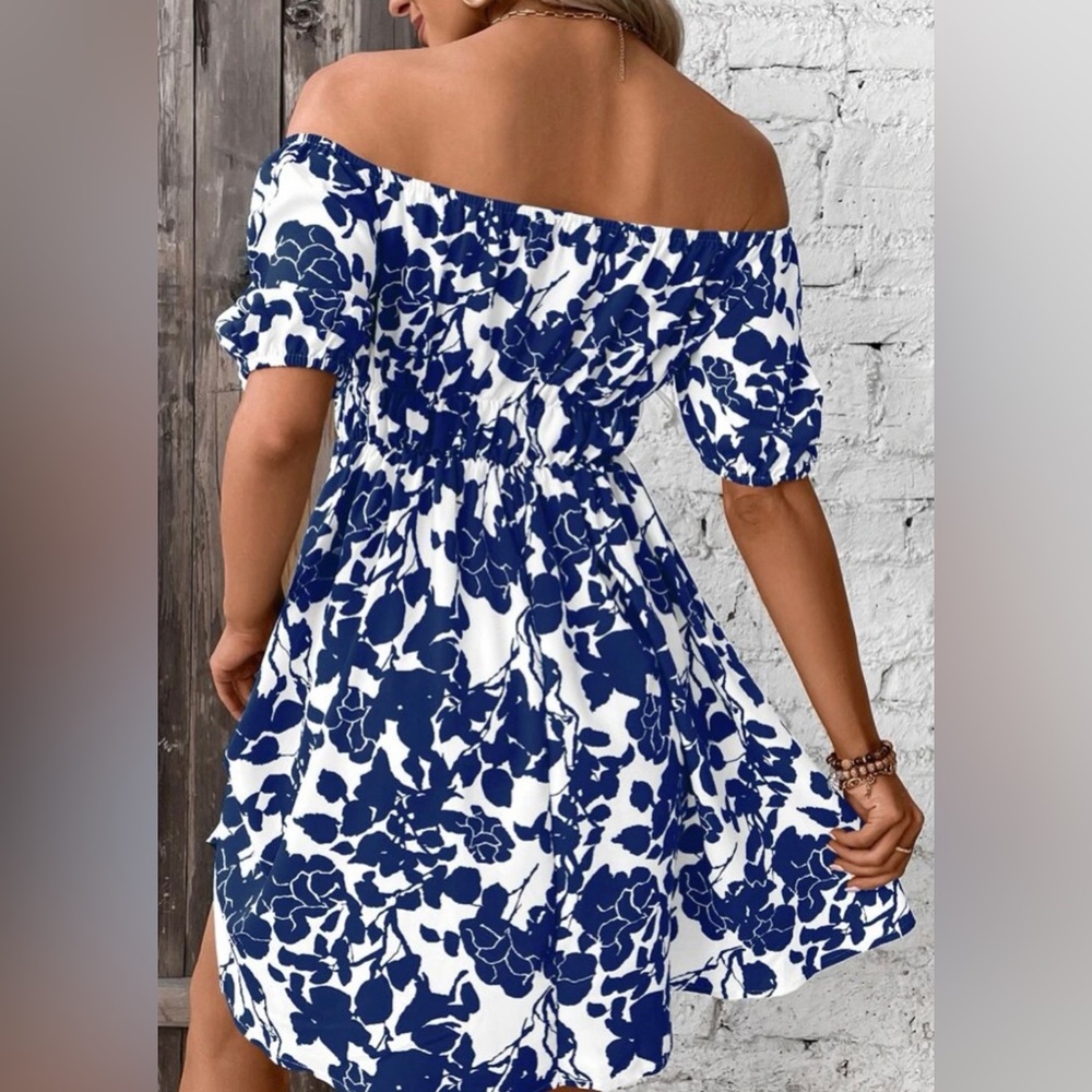 Blue & White Off the Shoulder Dress - L - Picture 3 of 6